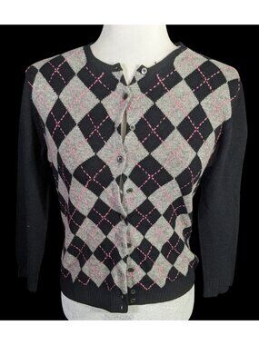 Preppy J.Crew Vintage Womens Cashmere Argyle Cardigan Sweater - Black/Gray/Pink